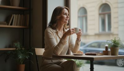 Reife Frau sitzt nachdenklich im Café und reflektiert über eigene Grenzen beim Dating